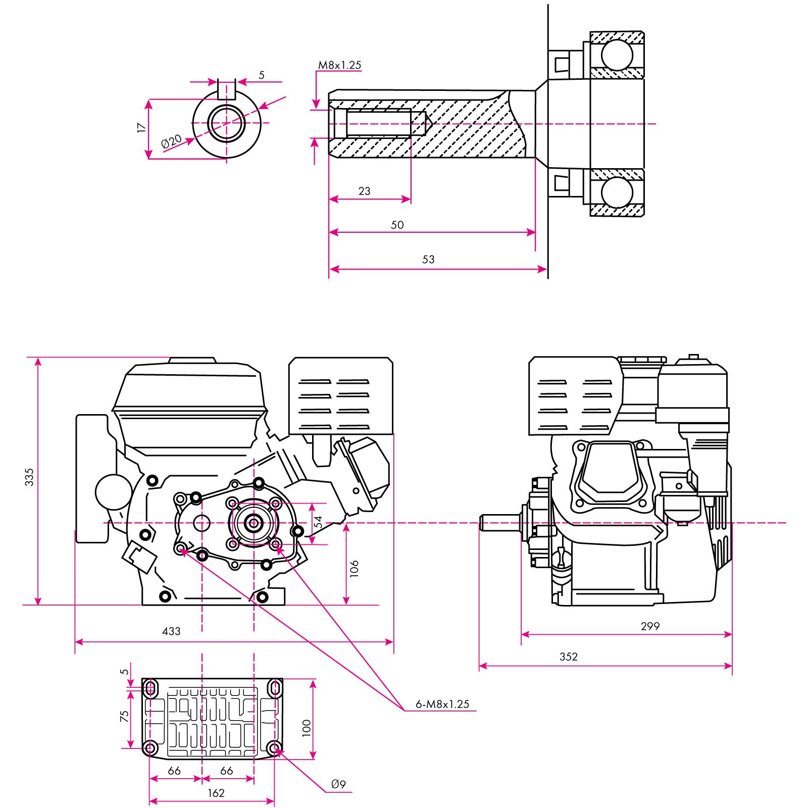 EBERTH 6,5 PS 4,8 kW Benzinmotor, 4-Takt, 1 Zylinder, 19,05 mm Ø Welle,  Reduktion